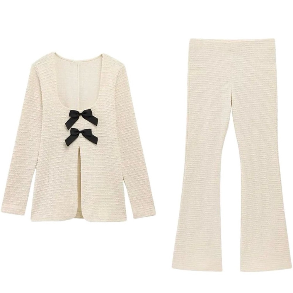 Cream Women's Pantsuit with Black Bow Detail
